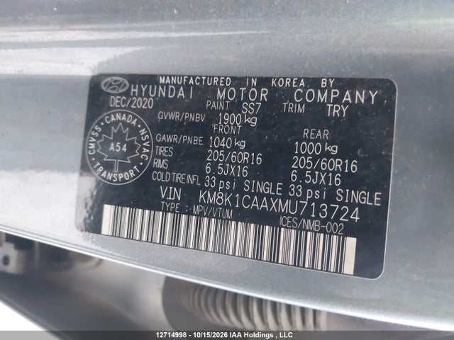 Aukcja sprzedaży 2021 Hyundai Kona Essential Awd, vin: KM8K1CAAXMU713724, numer aukcji: 12714998