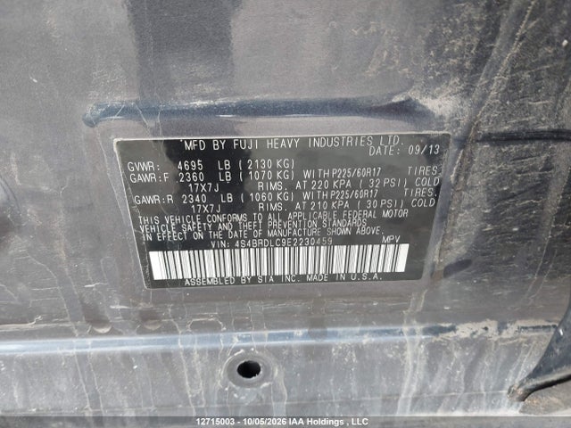 Subaru Outback 3.6r Limited 2014 4S4BRDLC9E2230459 Image 9