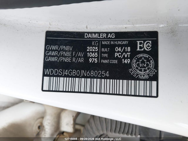 12715005 :رقم المزاد ، WDDSJ4GB0JN680254 vin ، 2018 Mercedes-benz Cla 250 4matic مزاد بيع