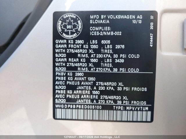 Продаж на аукціоні авто 2014 Volkswagen Touareg 3.0 Tdi Comfortline/3.0 Tdi Execline/3.0 Tdi Highline, vin: WVGDP9BP6ED005100, номер лоту: 12705327