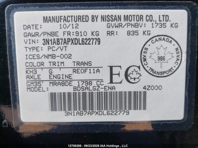 2013 Nissan Sentra Sl მანქანა იყიდება აუქციონზე, vin: 3N1AB7APXDL622779, აუქციონის ნომერი: 12708286