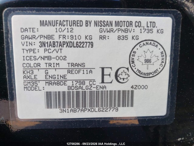 2013 Nissan Sentra Sl მანქანა იყიდება აუქციონზე, vin: 3N1AB7APXDL622779, აუქციონის ნომერი: 12708286