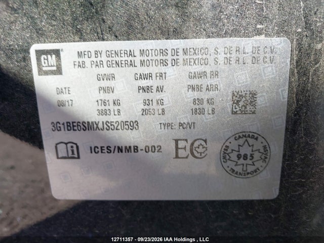 Продажа на аукционе авто 2018 Chevrolet Cruze Lt Auto, vin: 3G1BE6SMXJS520593, номер лота: 12711357