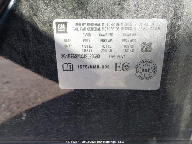 Продажа на аукционе авто 2018 Chevrolet Cruze Lt Auto, vin: 3G1BE6SMXJS520593, номер лота: 12711357