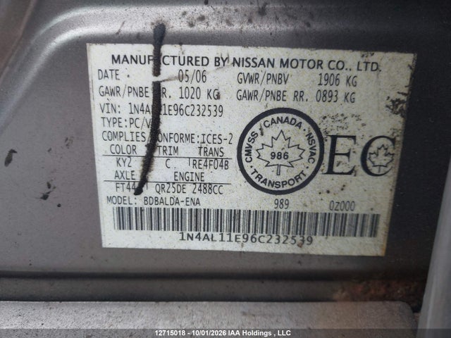 12715018 :رقم المزاد ، 1N4AL11E96C232539 vin ، 2006 Nissan Altima 2.5 S مزاد بيع