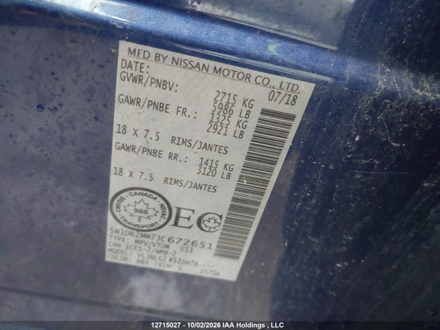 2018 Nissan Pathfinder S/sv/sl/platinum მანქანა იყიდება აუქციონზე, vin: 5N1DR2MM7JC672651, აუქციონის ნომერი: 12715027