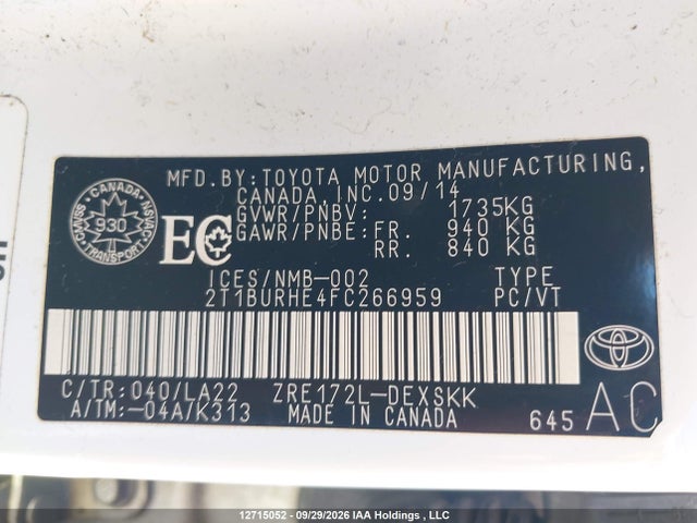 Продаж на аукціоні авто 2015 Toyota Corolla S, vin: 2T1BURHE4FC266959, номер лоту: 12715052