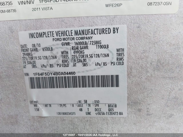 Продажа на аукционе авто 2011 Winnebago Winnebago, vin: 1F64F5DY4B0A04460, номер лота: 12715057