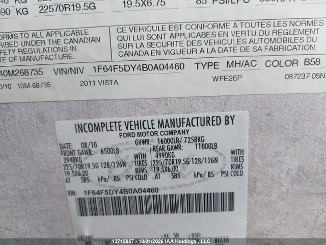 Продажа на аукционе авто 2011 Winnebago Winnebago, vin: 1F64F5DY4B0A04460, номер лота: 12715057