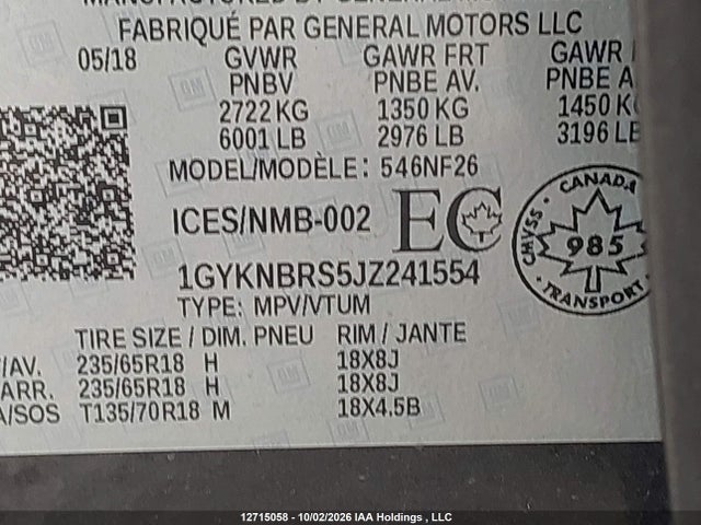 Aukcja sprzedaży 2018 Cadillac Xt5, vin: 1GYKNBRS5JZ241554, numer aukcji: 12715058