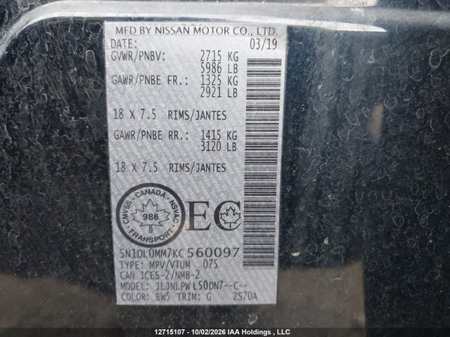 Auction sale of the 2019 Infiniti Qx60 Luxe/pure, vin: 5N1DL0MM7KC560097, lot number: 12715107