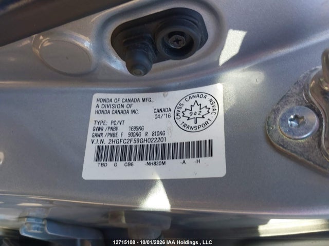 Продажа на аукционе авто 2016 Honda Civic Lx, vin: 2HGFC2F59GH022201, номер лота: 12715108