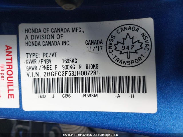 12715113 :رقم المزاد ، 2HGFC2F53JH007281 vin ، 2018 Honda Civic Lx مزاد بيع