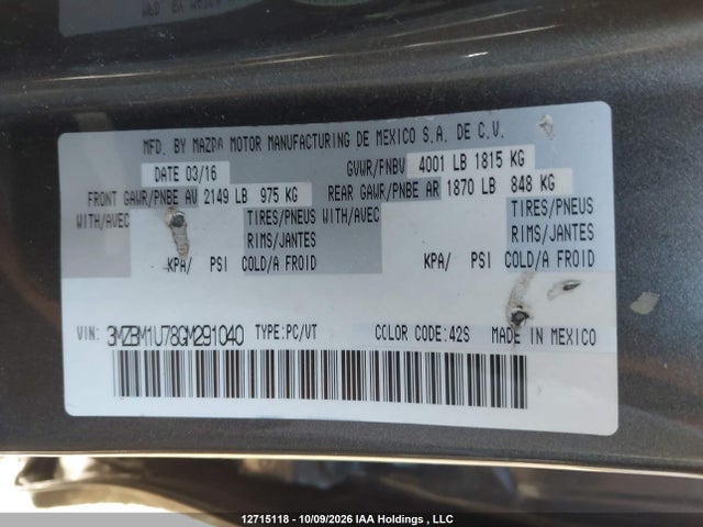 12715118 :رقم المزاد ، 3MZBM1U78GM291040 vin ، 2016 Mazda 3 Sport مزاد بيع