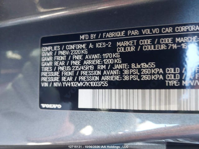 Aukcja sprzedaży 2019 Volvo V60 Cross Country, vin: YV4102WK7K1003755, numer aukcji: 12715131