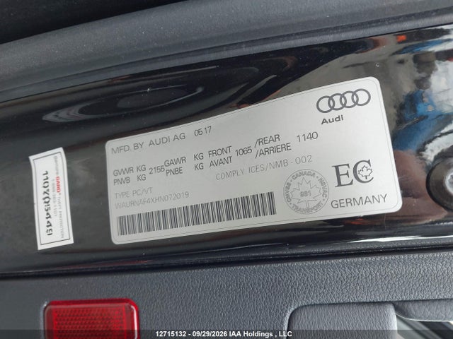 12715132 :رقم المزاد ، WAURNAF4XHN072019 vin ، 2017 Audi A4 Prestige مزاد بيع