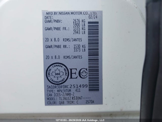 Продаж на аукціоні авто 2024 Nissan Pathfinder Platinum, vin: 5N1DR3DF0RC251499, номер лоту: 12715153