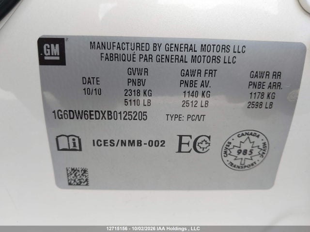 12715156 :رقم المزاد ، 1G6DW6EDXB0125205 vin ، 2011 Cadillac Sts V6 مزاد بيع