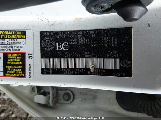 Продажа на аукционе авто 2020 Toyota Camry, vin: 4T1G11AK3LU896871, номер лота: 12715168
