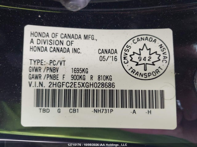 Aukcja sprzedaży 2016 Honda Civic Lx, vin: 2HGFC2E5XGH028686, numer aukcji: 12715176
