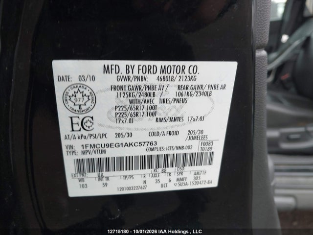 Aukcja sprzedaży 2010 Ford Escape Limited, vin: 1FMCU9EG1AKC57763, numer aukcji: 12715180