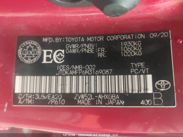 2021 Toyota Prius Prime Le/xle/limited მანქანა იყიდება აუქციონზე, vin: JTDKAMFP6M3169087, აუქციონის ნომერი: 12715190