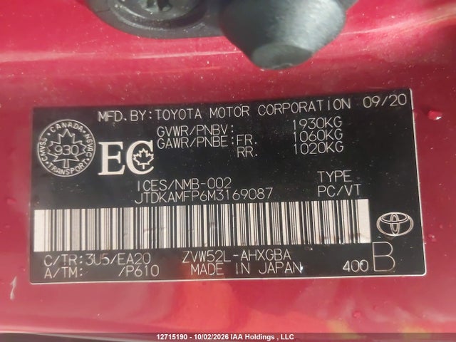 2021 Toyota Prius Prime Le/xle/limited მანქანა იყიდება აუქციონზე, vin: JTDKAMFP6M3169087, აუქციონის ნომერი: 12715190