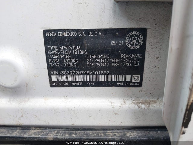 Продаж на аукціоні авто 2025 Honda Hr-v Exl, vin: 3CZRZ2H74SM101692, номер лоту: 12715195