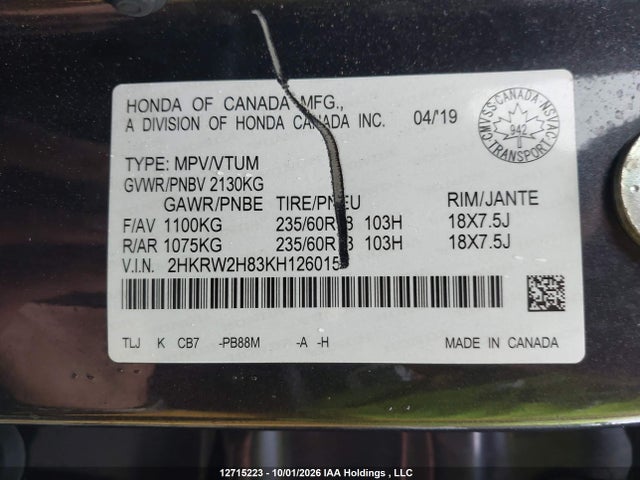Aukcja sprzedaży 2019 Honda Cr-v Ex-l, vin: 2HKRW2H83KH126015, numer aukcji: 12715223