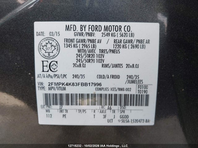 Продаж на аукціоні авто 2015 Ford Edge Titanium, vin: 2FMPK4K83FBB17996, номер лоту: 12715232