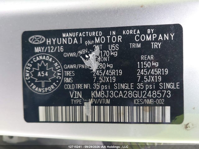 Продажа на аукционе авто 2016 Hyundai Tucson Premium 1.6, vin: KM8J3CA28GU248573, номер лота: 12715241