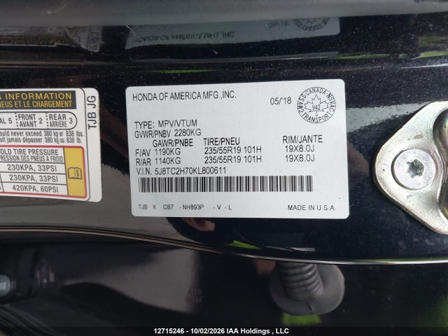 Aukcja sprzedaży 2019 Acura Rdx Elite, vin: 5J8TC2H70KL800611, numer aukcji: 12715246