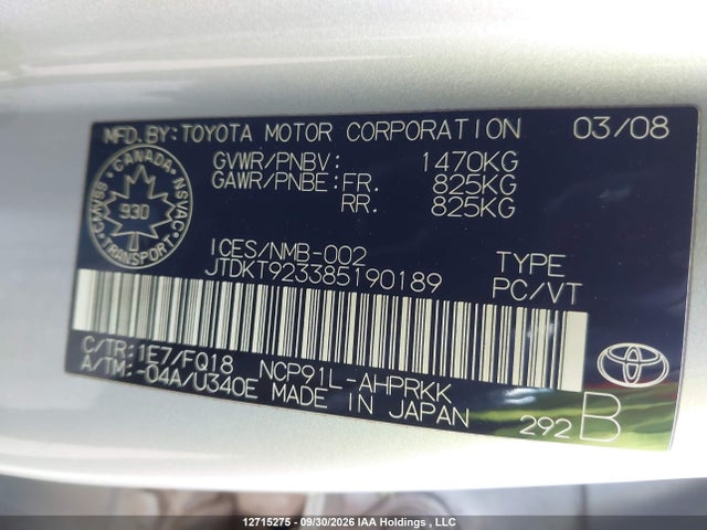 Продаж на аукціоні авто 2008 Toyota Yaris, vin: JTDKT923385190189, номер лоту: 12715275
