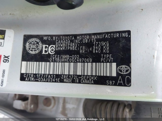 Aukcja sprzedaży 2016 Toyota Corolla L/le/le Pls/prm/s/s Pls, vin: 2T1BURHE0GC487069, numer aukcji: 12715278
