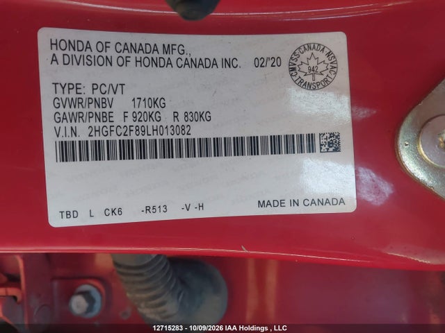 Honda Civic 2020 2HGFC2F89LH013082 Image 18