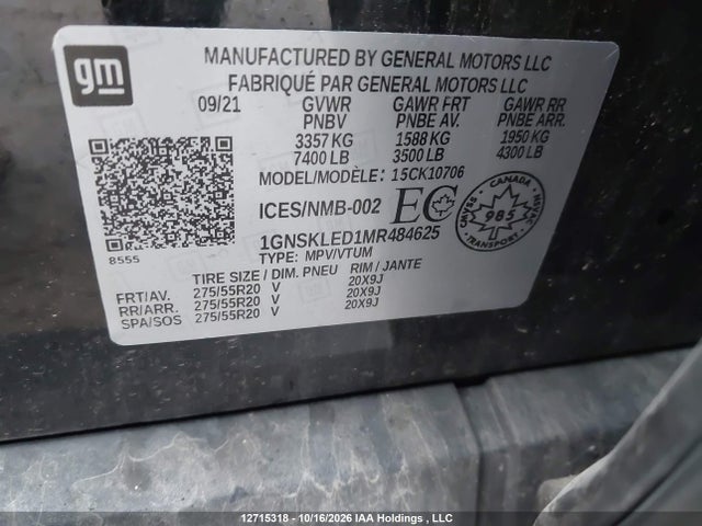 2021 Chevrolet Tahoe K1500 მანქანა იყიდება აუქციონზე, vin: 1GNSKLED1MR484625, აუქციონის ნომერი: 12715318