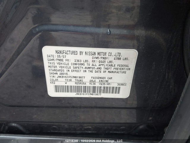 Aukcja sprzedaży 2007 Infiniti G35, vin: JNKBV61F57M819877, numer aukcji: 12715340
