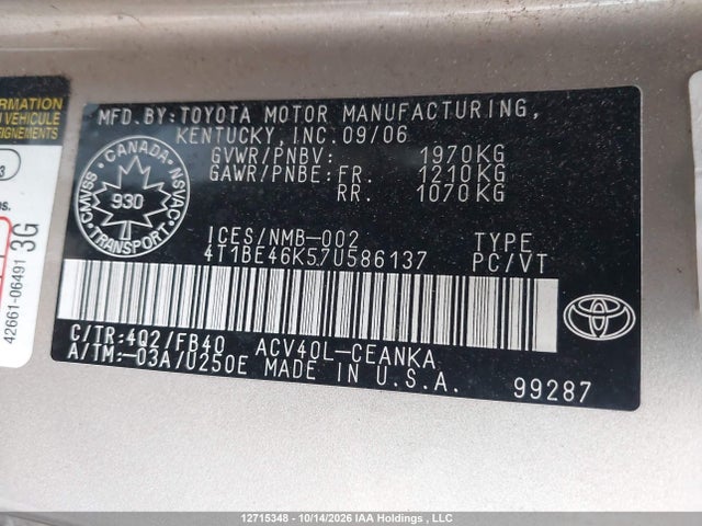 2007 Toyota Camry მანქანა იყიდება აუქციონზე, vin: 4T1BE46K57U586137, აუქციონის ნომერი: 12715348
