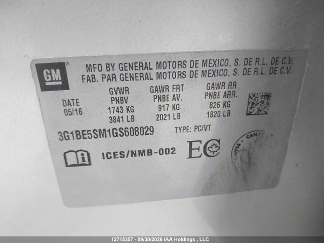 Chevrolet Cruze Lt Auto 2016 3G1BE5SM1GS608029 Image 9