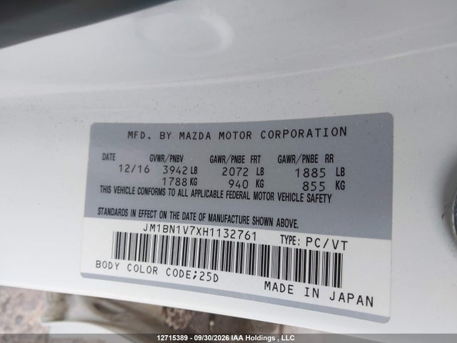 Aukcja sprzedaży 2017 Mazda Mazda3 Gs, vin: JM1BN1V7XH1132761, numer aukcji: 12715389