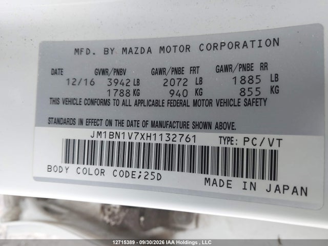 Aukcja sprzedaży 2017 Mazda Mazda3 Gs, vin: JM1BN1V7XH1132761, numer aukcji: 12715389