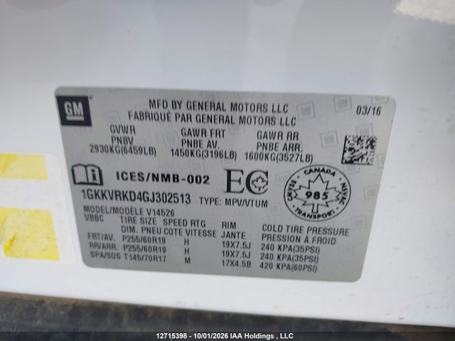 Продажа на аукционе авто 2016 Gmc Acadia Slt1, vin: 1GKKVRKD4GJ302513, номер лота: 12715398