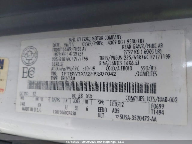 Продажа на аукционе авто 2015 Ford Transit T-350, vin: 1FTBW3XV2FKB07042, номер лота: 12715405