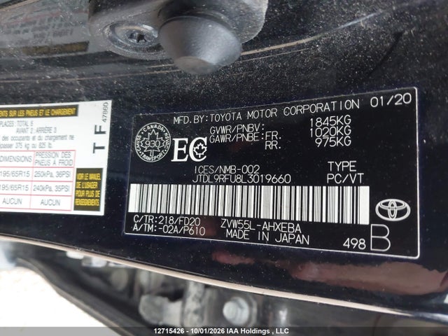 12715426 :رقم المزاد ، JTDL9RFU8L3019660 vin ، 2020 Toyota Prius Awd-e مزاد بيع