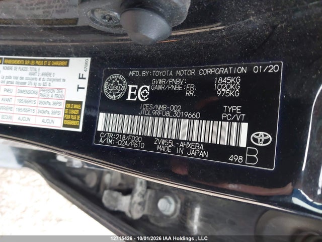 12715426 :رقم المزاد ، JTDL9RFU8L3019660 vin ، 2020 Toyota Prius Awd-e مزاد بيع