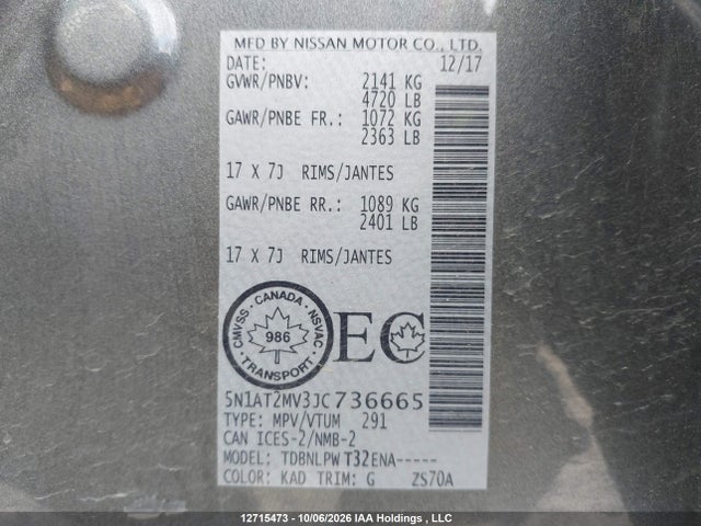 12715473 :رقم المزاد ، 5N1AT2MV3JC736665 vin ، 2018 Nissan Rogue Sv/sl مزاد بيع
