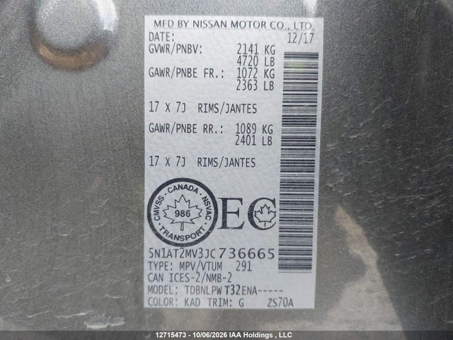 12715473 :رقم المزاد ، 5N1AT2MV3JC736665 vin ، 2018 Nissan Rogue Sv/sl مزاد بيع