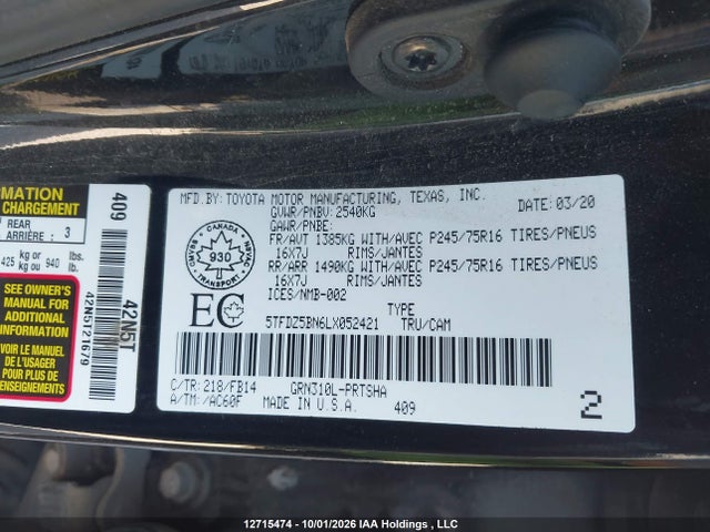 5TFDZ5BN6LX052421 Toyota Tacoma Double Cab/sr5/trd Sport/trd Off Road