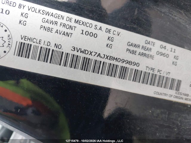 Auction sale of the 2011 Volkswagen Jetta Se, vin: 3VWDX7AJXBM099890, lot number: 12715479