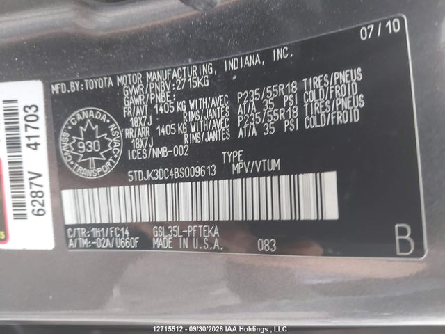 12715512 :رقم المزاد ، 5TDJK3DC4BS009613 vin ، 2011 Toyota Sienna Le 7 Passenger مزاد بيع